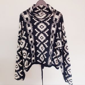 Aztec Tribal Geometric Print Black White Cowlneck Turtleneck Knit Soft Sweater